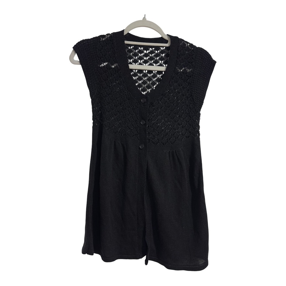 Black Crochet Knit Sleeveless Cardigan Vest V-Neck Button Front Boho Top